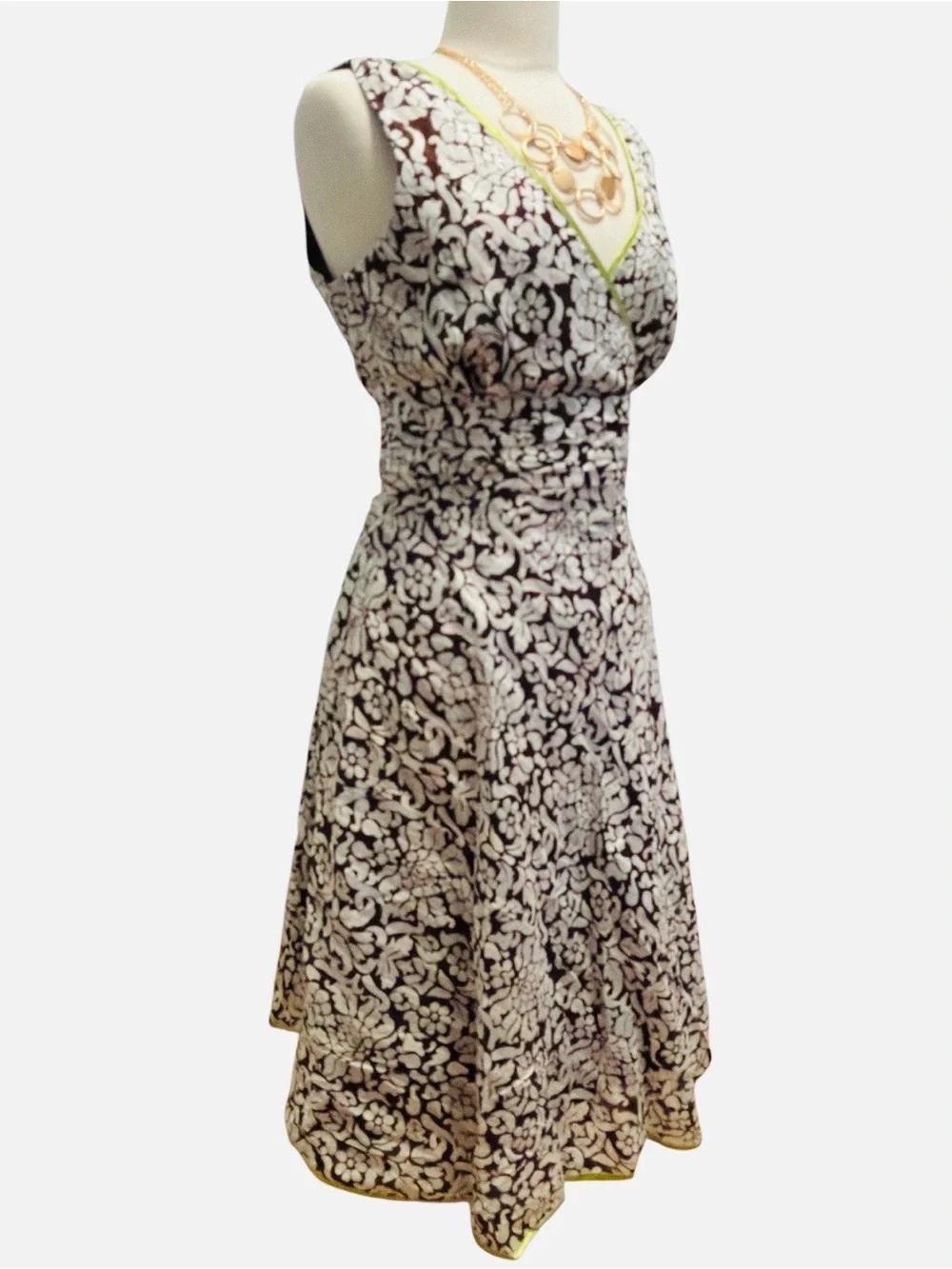 Robbie Bee Brown and White Floral Midi Dress with Lime Trim
